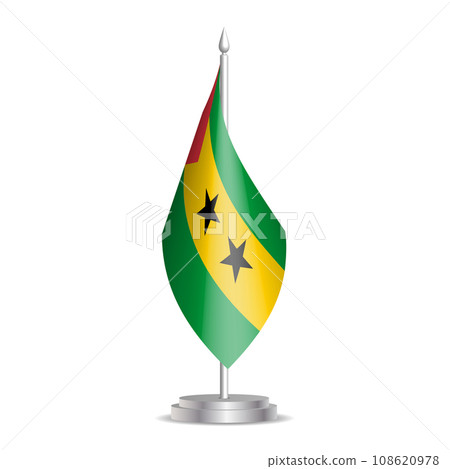 Sao Tome and Principe flag - 3D mini flag hanging on desktop flagpole. Usable for summit or conference presentaiton. Vector illustration with shading. Sao Tome and Principe flag - 3D mini flag hanging on desktop flagpole. Usable for summit or conference presentaiton. Vector illustration with shading. 108620978