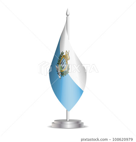 San Marino flag - 3D mini flag hanging on desktop flagpole. Usable for summit or conference presentaiton. Vector illustration with shading. San Marino flag - 3D mini flag hanging on desktop flagpole. Usable for summit or conference presentaiton. Vector illustration with shading. 108620979