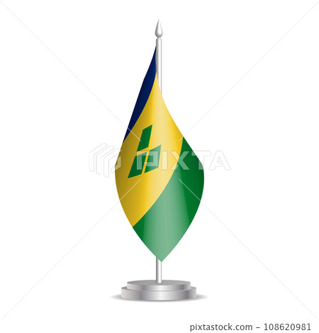 Saint Vincent and the Grenadines flag - 3D mini flag hanging on desktop flagpole. Usable for summit or conference presentaiton. Vector illustration with shading. Saint Vincent and the Grenadines flag - 3D mini flag hanging on desktop flagpole. Usable for summit or conference presentaiton. Vector illustration with shading. 108620981