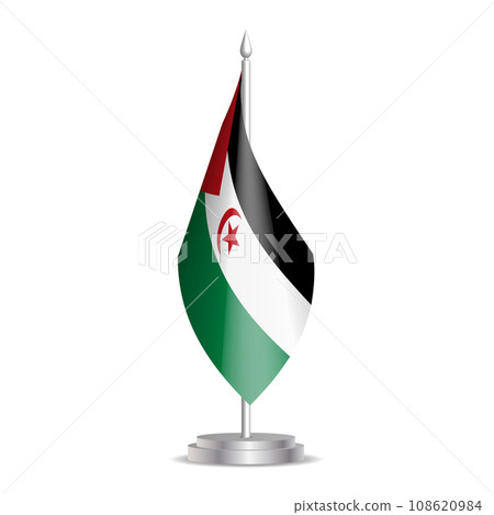 Sahrawi Arab Democratic Republic flag - 3D mini flag hanging on desktop flagpole. Usable for summit or conference presentaiton. Vector illustration with shading. Sahrawi Arab Democratic Republic flag - 3D mini flag hanging on desktop flagpole. Usable for summit or conference presentaiton. Vector illustration with shading. 108620984
