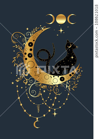Mystical black cat over celestial crescent moon and triple goddess, witchcraft symbol, witchy esoteric gold logo. Vector golden luxury wiccan clipart in boho style isolated on blue background 108621018