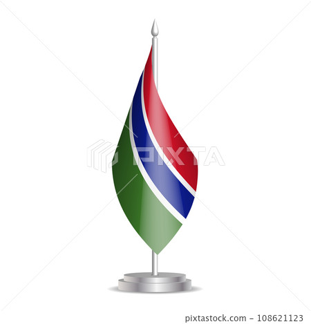 Gambia flag - 3D mini flag hanging on desktop flagpole. Usable for summit or conference presentaiton. Vector illustration with shading. Gambia flag - 3D mini flag hanging on desktop flagpole. Usable for summit or conference presentaiton. Vector illustration with shading. 108621123