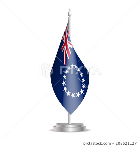Cook Islands flag - 3D mini flag hanging on desktop flagpole. Usable for summit or conference presentaiton. Vector illustration with shading. 108621127