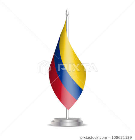 Colombia flag - 3D mini flag hanging on desktop flagpole. Usable for summit or conference presentaiton. Vector illustration with shading. Colombia flag - 3D mini flag hanging on desktop flagpole. Usable for summit or conference presentaiton. Vector illustration with shading. 108621129