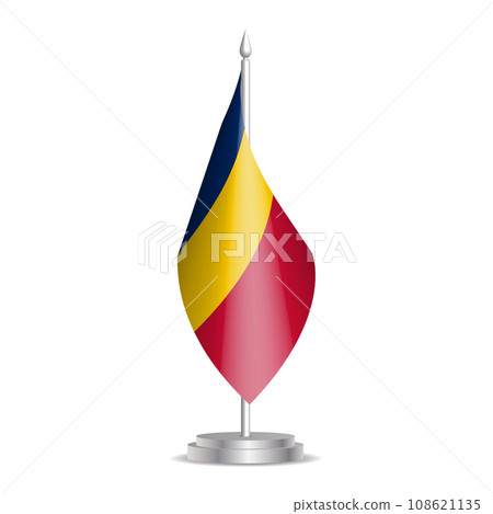 Chad flag - 3D mini flag hanging on desktop flagpole. Usable for summit or conference presentaiton. Vector illustration with shading. 108621135