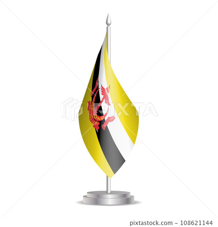 Brunei flag - 3D mini flag hanging on desktop flagpole. Usable for summit or conference presentaiton. Vector illustration with shading. 108621144