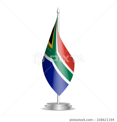 South Africa flag - 3D mini flag hanging on desktop flagpole. Usable for summit or conference presentaiton. Vector illustration with shading. 108621194