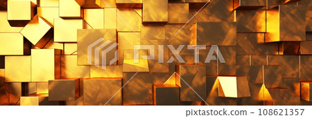 Gold blocks texture background, wide banner with abstract pattern of shiny metal cubes. Surface of golden futuristic wall. Concept of business, luxury design, technology, building Gold blocks texture background, wide banner with abstract pattern of shiny metal cubes. Surface of golden futuristic wall. Concept of business, luxury design, technology, building 108621357
