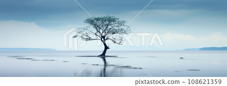Minimalist landscape of lake and lone tree, scenery of sky, water and plant an blue background, peaceful nature in autumn. Concept of art, beauty, minimalism, tranquil, calm 108621359