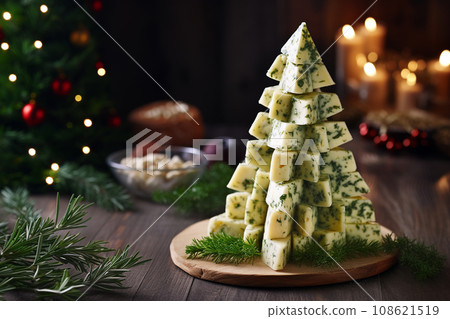 AI-generated content. Cheese board on background of stylish christmas fir branches and candles 108621519