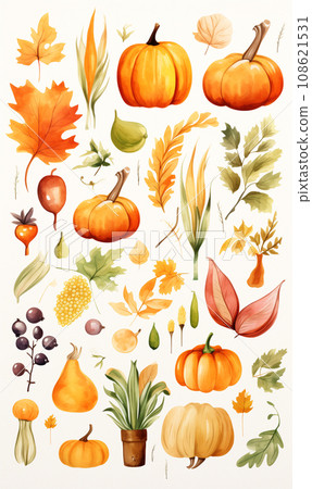 AI-generated content. Watercolor banner of leaves and vegetables on beige background. 108621531