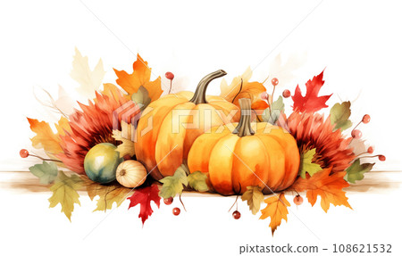 AI-generated content. Watercolor banner of leaves and vegetables on beige background. 108621532