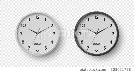 Vector 3d Round Wall Office Clock with White, Black Clock Dial Set Closeup Isolated. Watches, Design Template, Mock-up for Branding, Advertise. Vector Simple Minimalistic Clocks, Watches in Front View 108621758