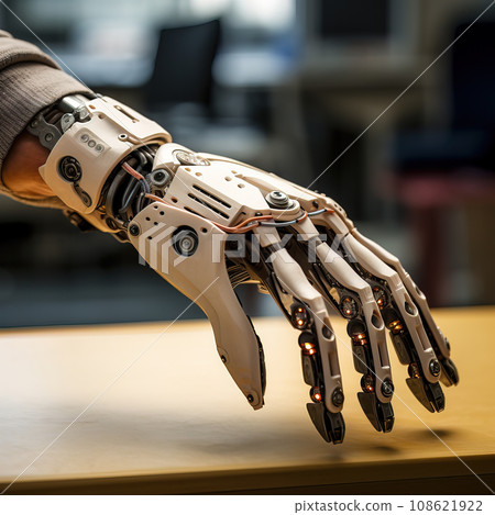 Robotic Prosthetic Hand with Illuminated Joints in Office Setting. AI generation 108621922