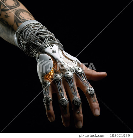 Intricate Bionic Hand with Wired Forearm and Tattooed Skin. AI generation 108621929