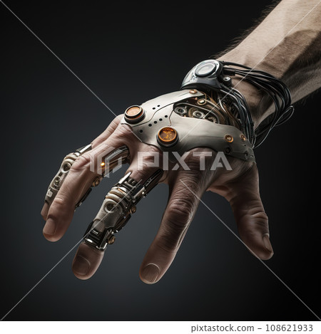 Bionic Hand with Mechanical Gears and Illuminated Joints Overlays Skin. AI generation 108621933