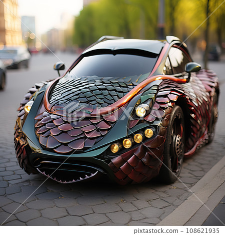 Futuristic Dragon-Shaped Concept Car on City Street. AI generation 108621935