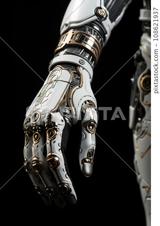 Advanced Cybernetic Prosthetic Hand with Gold Accents. AI generation 108621937