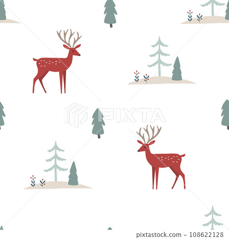 Scandinavian Christmas seamless pattern. Winter fabric, textile design. Red reindeers, trees, woodland. Decorative hand drawn wrapping paper. Animal kids illustration. White vector background. Scandinavian Christmas seamless pattern. Winter fabric, textile design. Red reindeers, trees, woodland. Decorative hand drawn wrapping paper. Animal kids illustration. White vector background. 108622128
