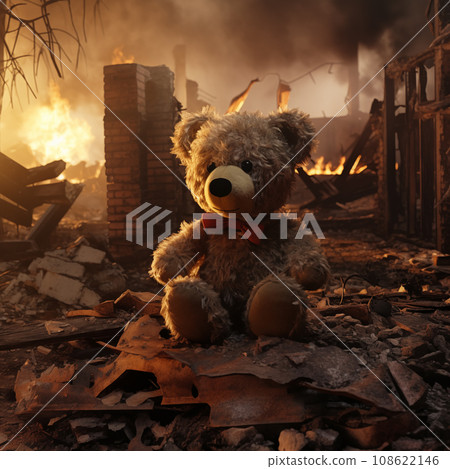 A poignant concept image depicting the tragic impact of war on children. A sad teddy bear toy sits amid the ruins of a house destroyed by conflict, symbolizing the loss and despair caused by war A poignant concept image depicting the tragic impact of war on children. A sad teddy bear toy sits amid the ruins of a house destroyed by conflict, symbolizing the loss and despair caused by war 108622146