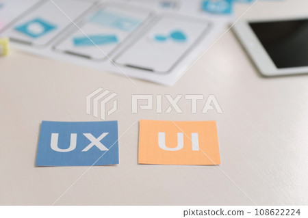 User experience ux design paper layout on desk, nobody. ux ui concept User experience ux design paper layout on desk, nobody. ux ui concept 108622224