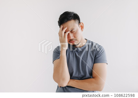Unpleasant feeling emotion of asian man isolated on white. Depressed and Stress Unpleasant feeling emotion of asian man isolated on white. Depressed and Stress 108622598