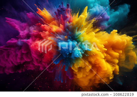 Holi background - vibrant and colorful powder smoke explosion on black background Holi background - vibrant and colorful powder smoke explosion on black background 108622819