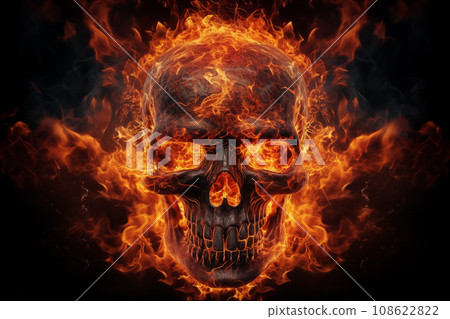 Spooky and scary burning skull on a dark background. Perfect for Halloween or horror-themed projects Spooky and scary burning skull on a dark background. Perfect for Halloween or horror-themed projects 108622822