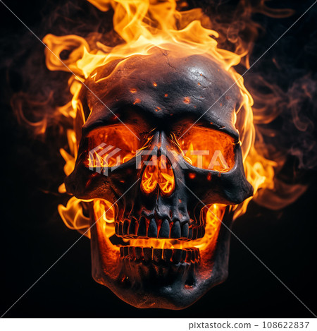 Spooky and scary burning skull on a dark background. Perfect for Halloween or horror-themed projects Spooky and scary burning skull on a dark background. Perfect for Halloween or horror-themed projects 108622837