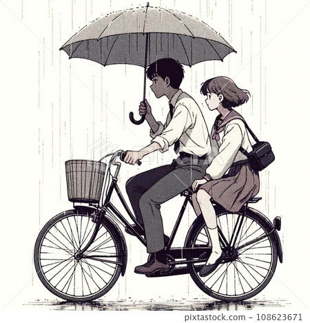 一對學生夫婦一起騎腳踏車,共用一把雨傘 一對學生夫婦一起騎腳踏車,共用一把雨傘 108623671