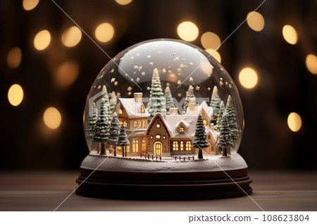 Winter Wonderland with house and trees in Glass Ball Snow Globe on table and blurred bokeh background Winter Wonderland with house and trees in Glass Ball Snow Globe on table and blurred bokeh background 108623804