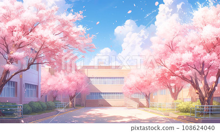 盛開的櫻花和學校的動漫風格插畫風景“AI生成圖像” 108624040