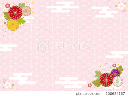 Japanese style material with chrysanthemums and plums on a pink background - horizontal Japanese style material with chrysanthemums and plums on a pink background - horizontal 108624167