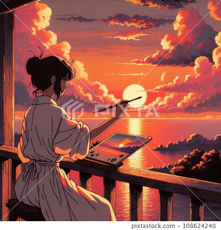 一位年輕女子在海邊看日落時畫了一幅風景油畫 108624240