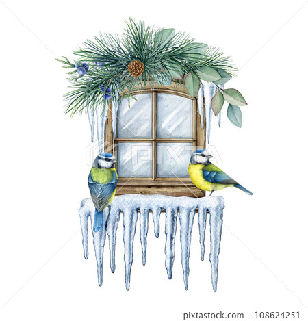 Winter snowy window with blue tits couple decor. Watercolor illustration. Hand painted festive decoration. Winter season decoration with tit birds, pine branches, snow, icicles. White background 108624251