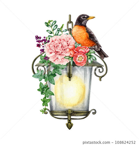 Vintage style metal lantern with garden flowers and robin bird decor. Watercolor illustration. Hand painted old garden lamp with floral decor and backyards robin bird. Isolated on white background Vintage style metal lantern with garden flowers and robin bird decor. Watercolor illustration. Hand painted old garden lamp with floral decor and backyards robin bird. Isolated on white background 108624252