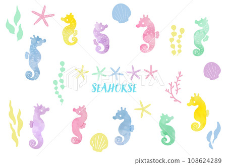 彩色水彩風格海馬插圖集 彩色水彩風格海馬插圖集 108624289