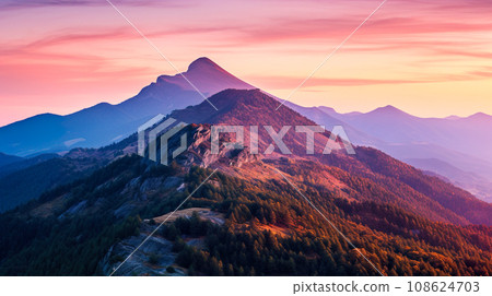 Beautiful mountain scenery dyed by the setting sun "AI generated image" 108624703