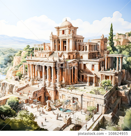 Watercolor liner sketch of an ancient Greek style temple, an architectural masterpiece Watercolor liner sketch of an ancient Greek style temple, an architectural masterpiece 108624935