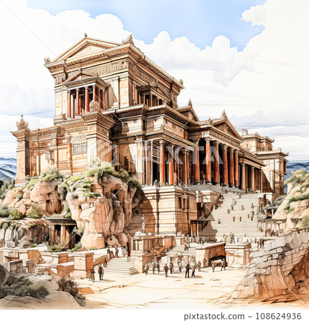 Watercolor artwork showcases an ancient Greek style temple, an expression of architectural artistry Watercolor artwork showcases an ancient Greek style temple, an expression of architectural artistry 108624936