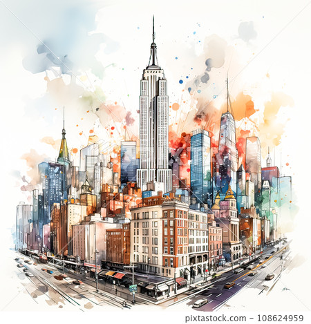 Watercolor sketch of New Yorks skyscrapers, a testament to urban creativity. 108624959