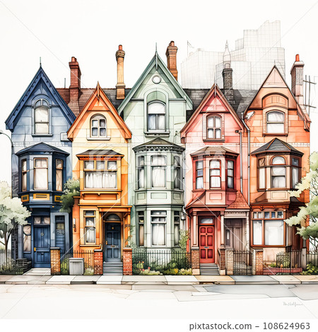 Watercolor art showcases intricate European house details in a picturesque sketch Watercolor art showcases intricate European house details in a picturesque sketch 108624963