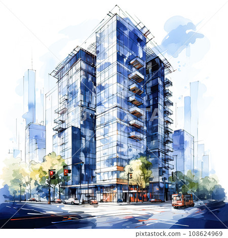 Watercolor sketch captures Art Nouveau style skyscrapers, a blend of design and creative expression 108624969