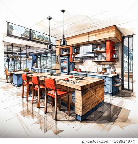 Watercolor sketch captures an American modern style kitchens creative interior design 108624974