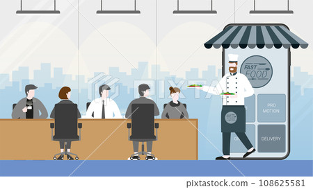 business owner get through mobile screen for serving food. 108625581