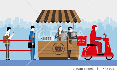 People stand apart at queue line number take away coffee in rush hour People stand apart at queue line number take away coffee in rush hour 108625595