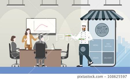 Online food and fast delivery concept. Chef as business owner get through mobile 108625597