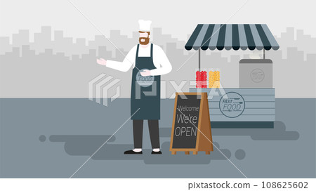 Food kiosk. Small business owner. Beard man wearing apron standing in front of shop Food kiosk. Small business owner. Beard man wearing apron standing in front of shop 108625602