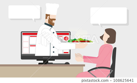 Fast delivery concept. Chef serving his food through computer screen 108625641