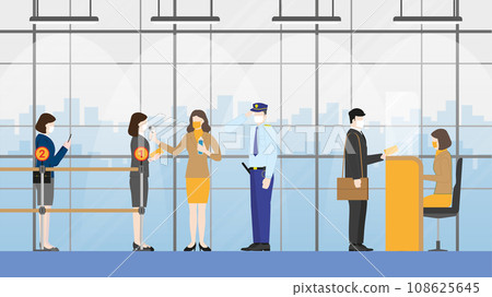 Security guard and officer at temperature checkpoint and hand sanitizer 108625645